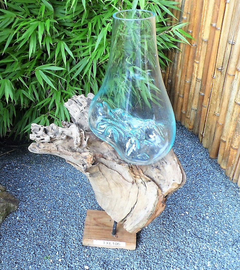 Teak Holz Glas Gigante, Deko Glas auf Holz XL, Wurzel Holz